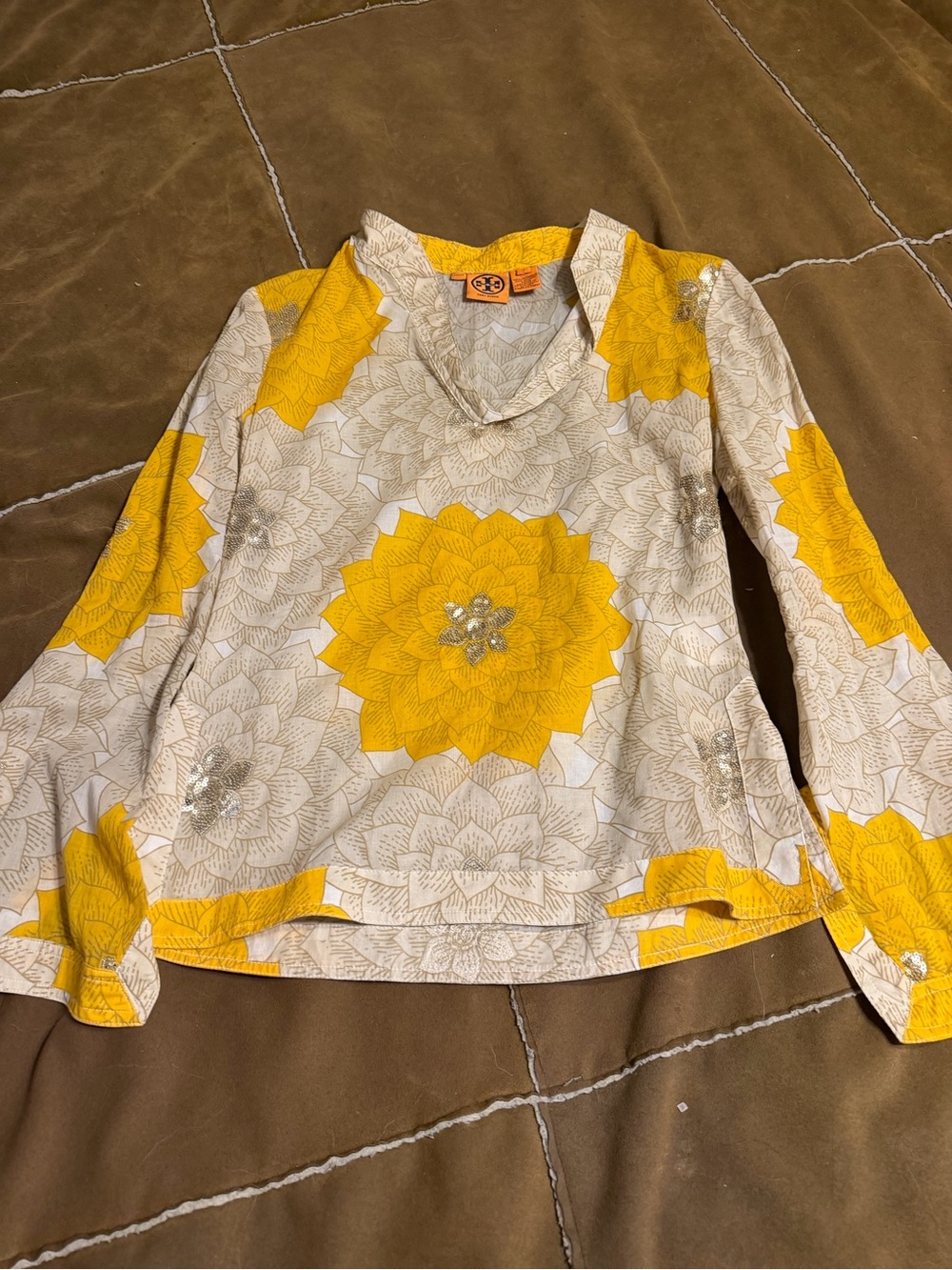 Tory Burch Yellow Floral V-Neck Blouse